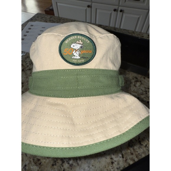 Peanuts Beagle Scouts Bucket Hat Cap Green Khaki 50 Years Snoopy Patch 4368 - Picture 1 of 8